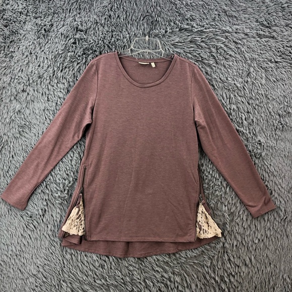 LOGO Top Lounge Lori Goldstein Medium Top French Terry Zipper Lace Inserts Mesh - Picture 1 of 9
